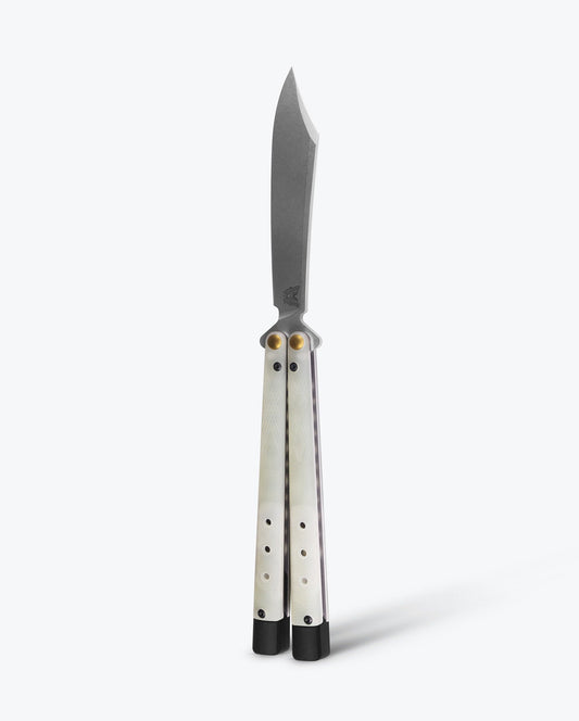 Benchmade Necron 99 front view – 4.59″ CPM-S30V scimitar balisong butterfly knife, Jade G10