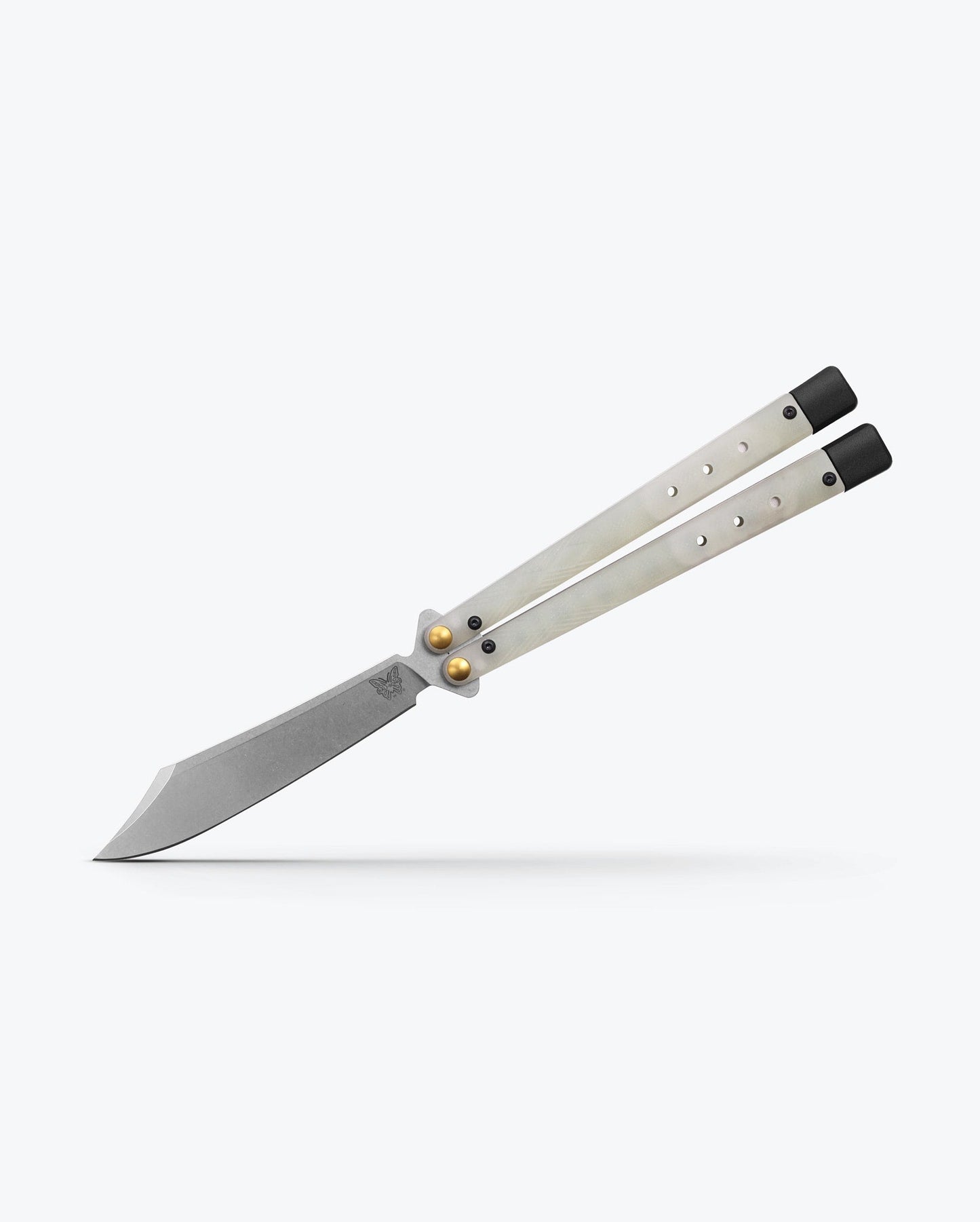 Benchmade Necron 99 open balisong position showing CPM-S30V scimitar blade
