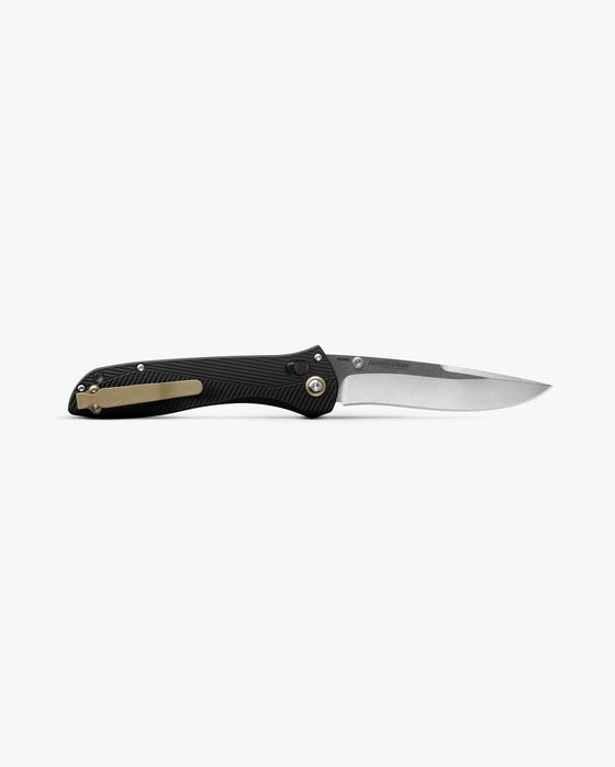 Benchmade Seven | Ten 710‑25 – 4″ M390 Satin Drop‑Point/Recurve Blade, Black Aluminum, AXIS Lock