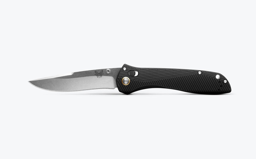 Benchmade Seven | Ten 710‑25 – 4″ M390 Satin Drop‑Point/Recurve Blade, Black Aluminum, AXIS Lock