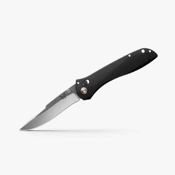 Benchmade Seven | Ten 710‑25 – 4″ M390 Satin Drop‑Point/Recurve Blade, Black Aluminum, AXIS Lock