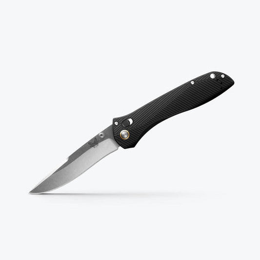 Benchmade Seven | Ten 710‑25 – 4″ M390 Satin Drop‑Point/Recurve Blade, Black Aluminum, AXIS Lock