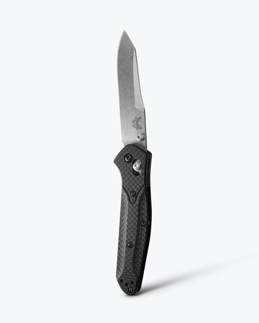 Benchmade 940-1 Osborne BCM-940-1 CPM-S90V satin reverse tanto folding knife with carbon fiber handle, open front view