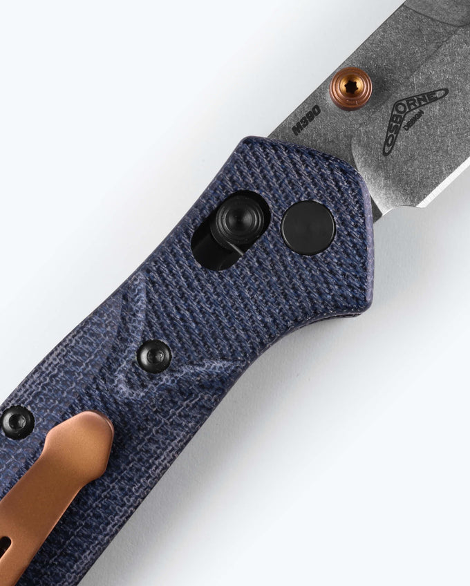 Benchmade Mini Osborne 945-04 – 2.92″ M390 Satin Reverse Tanto Folding Knife, Blue Denim Micarta