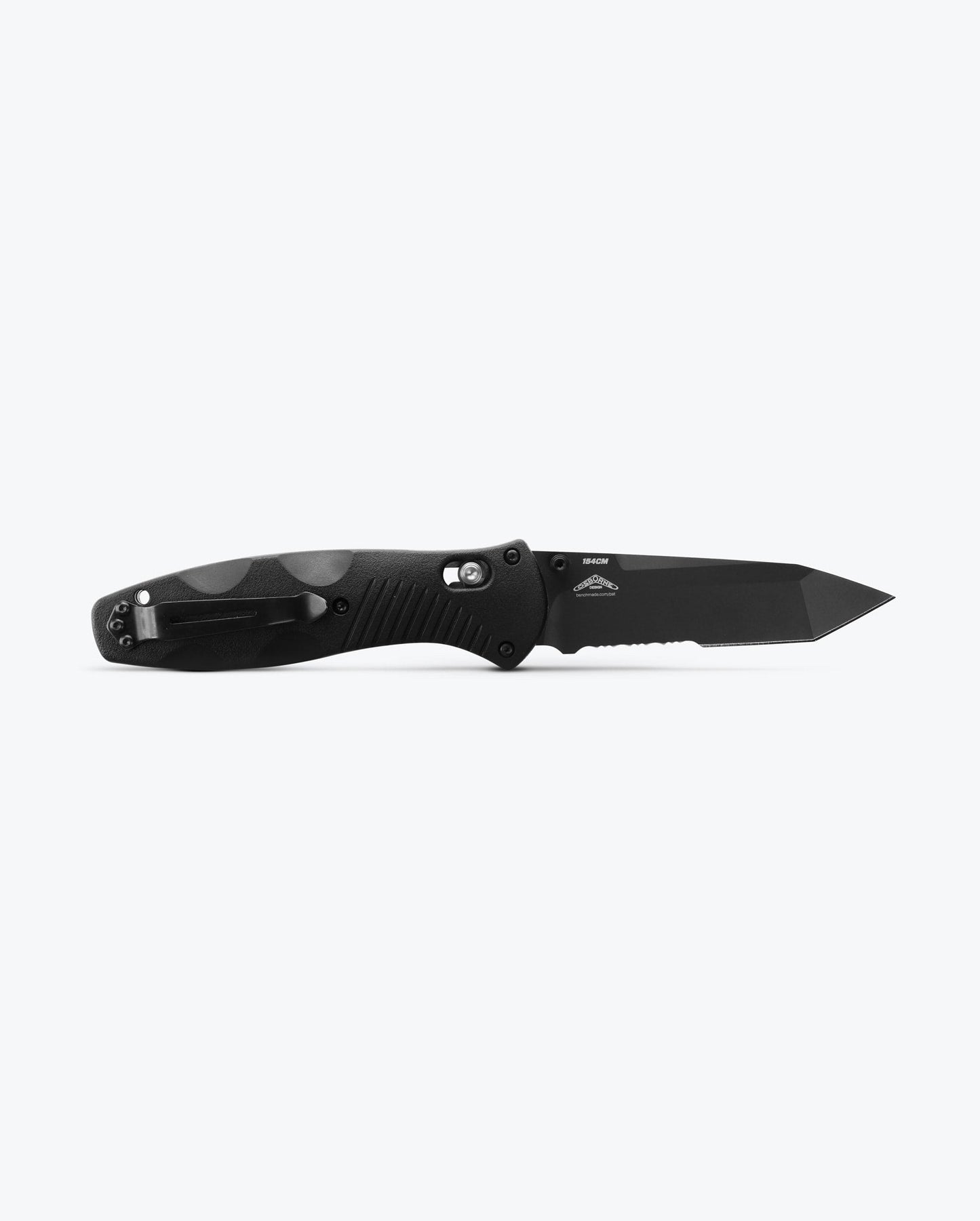 Benchmade Barrage 583SBK blade detail – black 154CM tanto combo edge