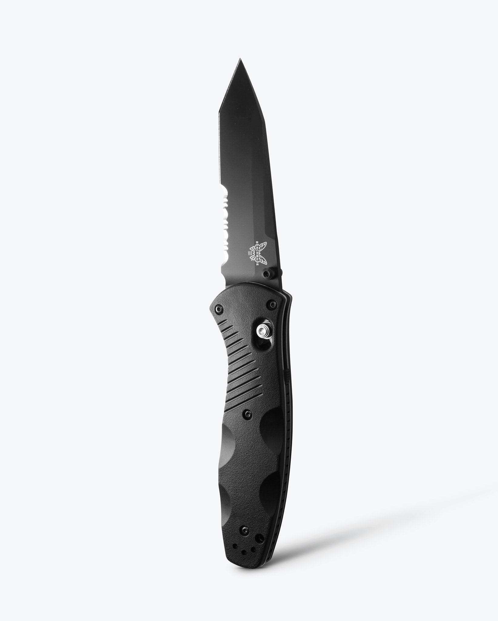 Benchmade Barrage 583SBK front view – 3.60″ black 154CM tanto combo-edge folding knife