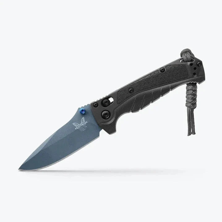 Benchmade Mini Adira 18065BT-01 front view – 3.21″ Blue Cerakote CPM-MagnaCut drop point folding knife