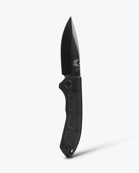 Benchmade Mini Narrows 743BK-01 front view – 2.98″ black DLC CPM-20CV drop-point black titanium folding knife