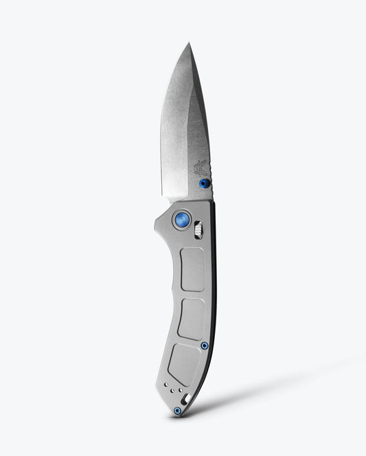 Benchmade Narrows 748 front view – 3.43″ satin M390 drop-point gray titanium folding knife