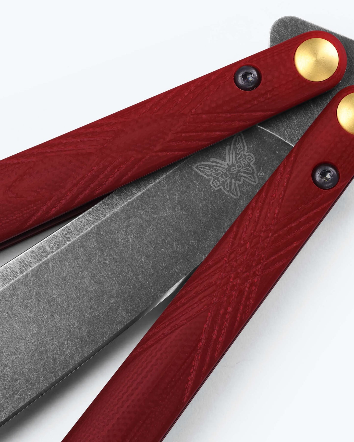 Benchmade Necron 99BK-1 ruby red G10 latchless handle with brass accents