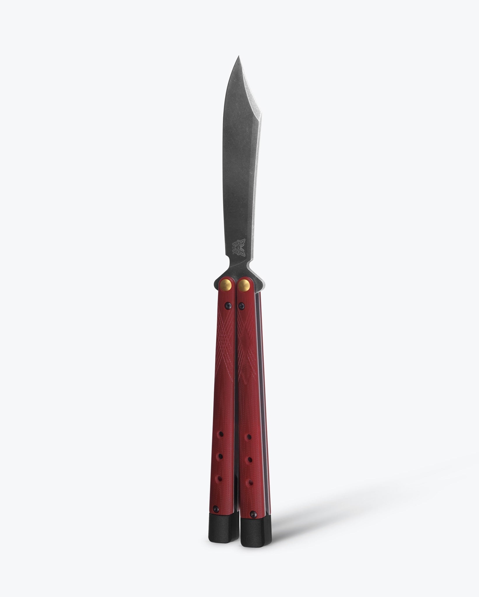 Benchmade Necron 99BK-1 front view – 4.59″ DLC battlewash CPM-S30V scimitar ruby red G10 bali-song butterfly knife