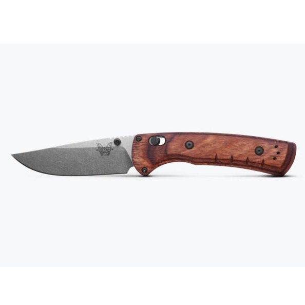 Close-up of Benchmade SlipRidge 15090 3.5-inch MagnaCut AXIS Lock Knife with wooden handle