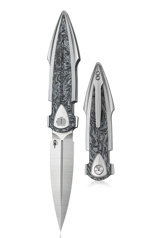 Bestech Ika Dagger BT2602A Machine Satin M390 Blade Silver Marble Carbon Fiber Bead Blasted Titanium Folding Knife Front View