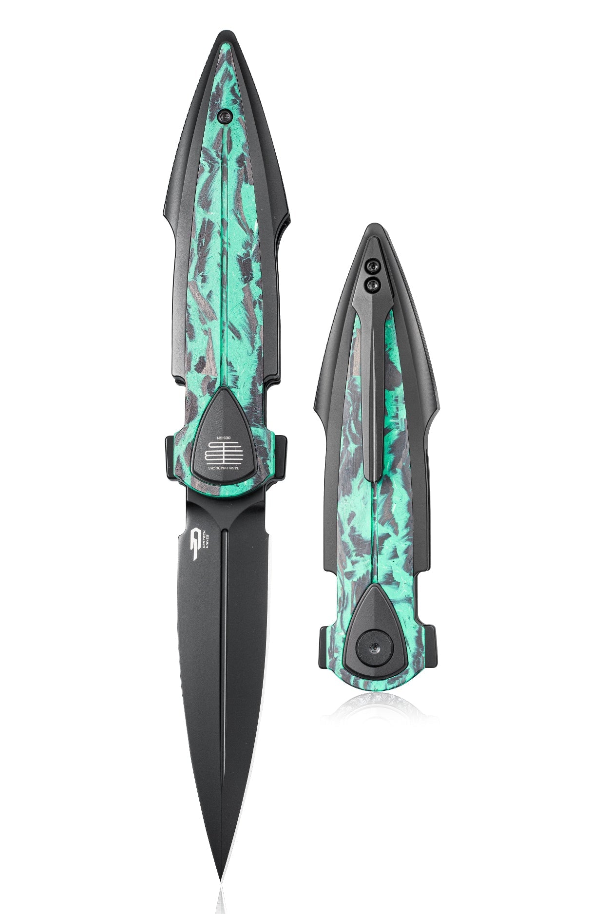 Bestech Ika Dagger BT2602D Black PVD M390 Blade GID Marble Carbon Fiber Titanium Folding Knife Front View
