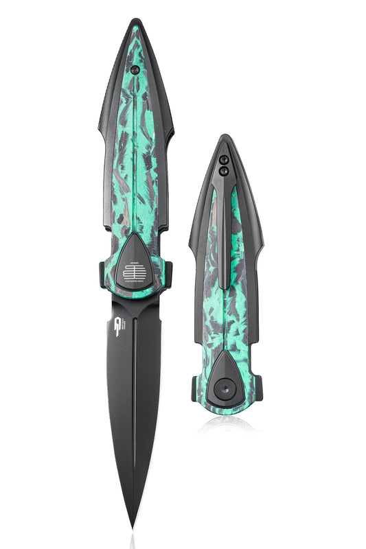 Bestech Ika Dagger BT2602D Black PVD M390 Blade GID Marble Carbon Fiber Titanium Folding Knife Front View