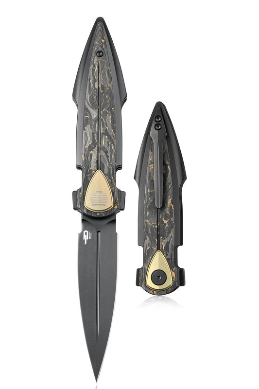 Bestech Ika Dagger BT2602E – 3.90" M390 Integral Liner Lock Knife with Titanium & Gold Marble Carbon Fiber Inlays