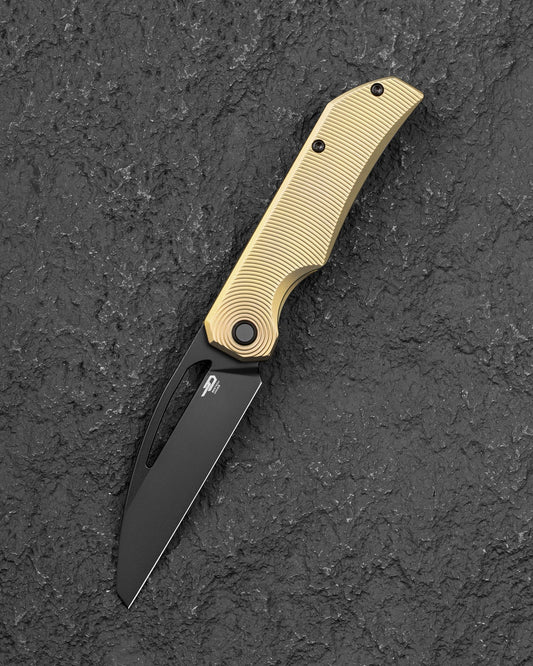 Bestech Mini Taipan BT2603B front view – 3.25" black PVD MagnaCut wharncliffe folding knife with bronze titanium handle