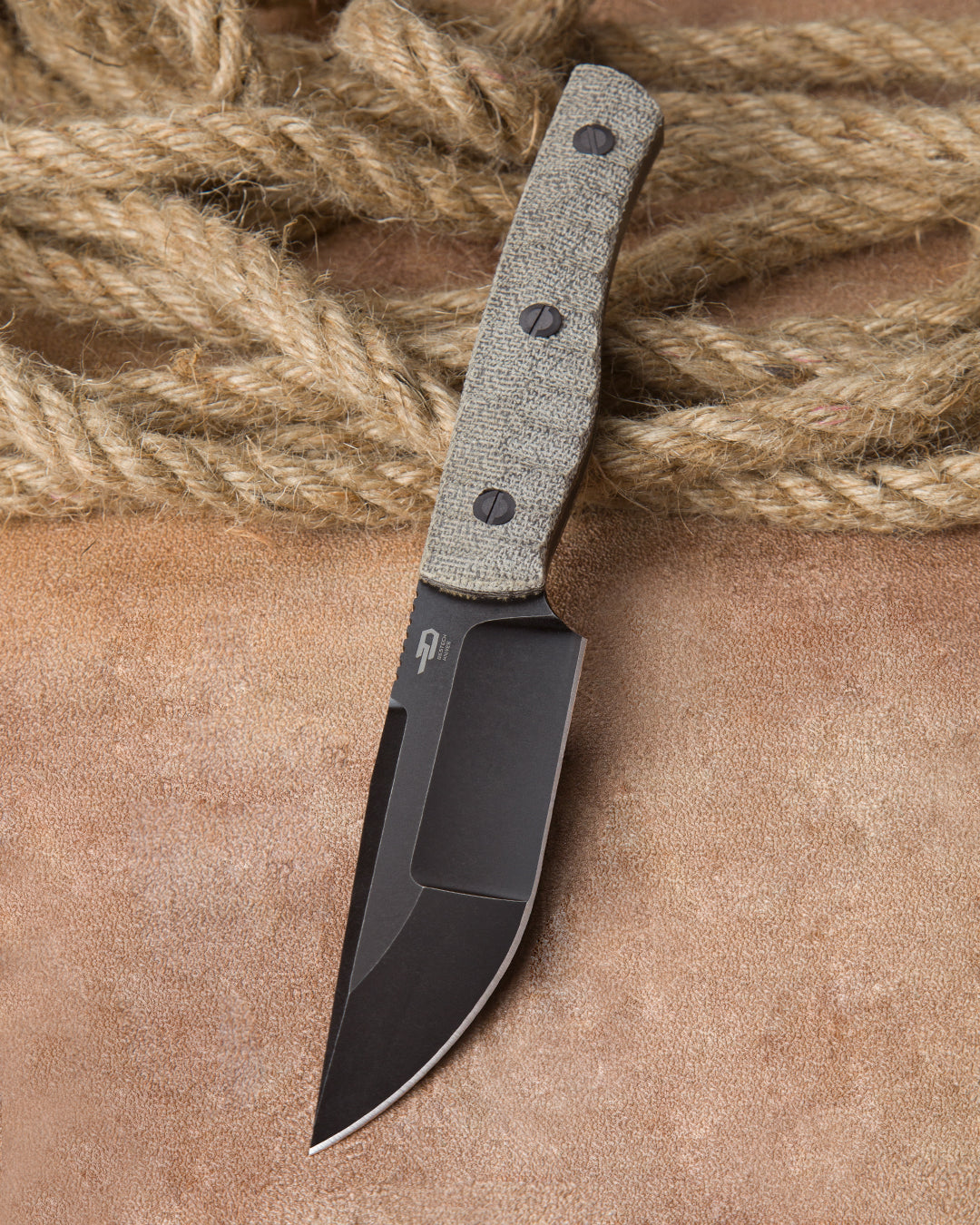 Bestech HEIDIBLACKSMITH#2 BFK04D front view – 3.92" S35VN hollow grind black stonewash, green canvas micarta