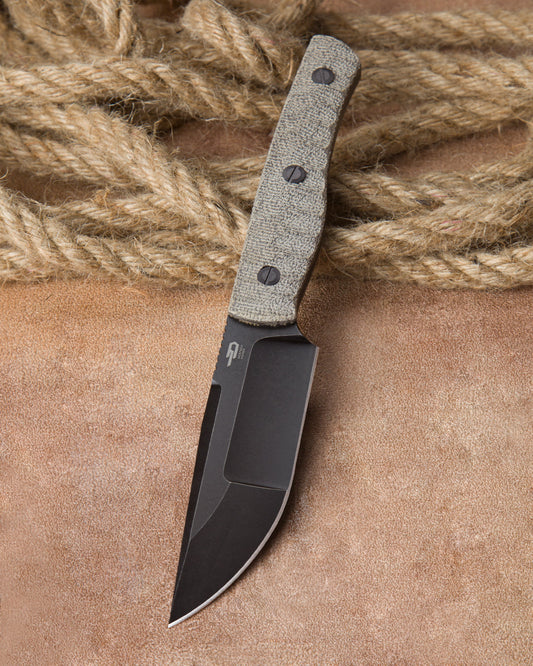 Bestech HEIDIBLACKSMITH#2 BFK04D front view – 3.92" S35VN hollow grind black stonewash, green canvas micarta
