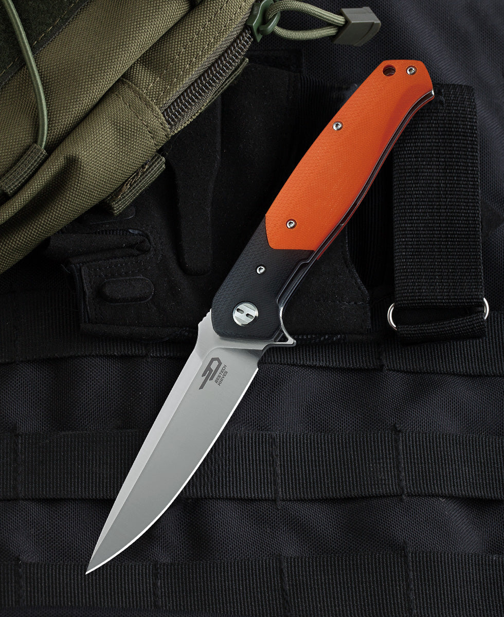 Bestech SWORDFISH BG03C front view – 3.94" D2 satin blade, black & orange G10, liner lock