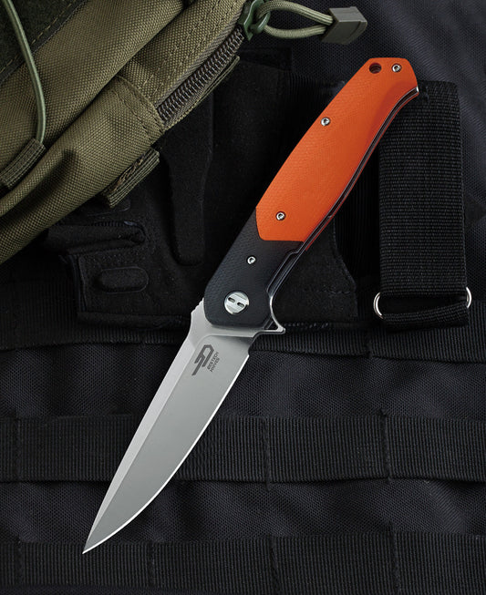 Bestech SWORDFISH BG03C front view – 3.94" D2 satin blade, black & orange G10, liner lock