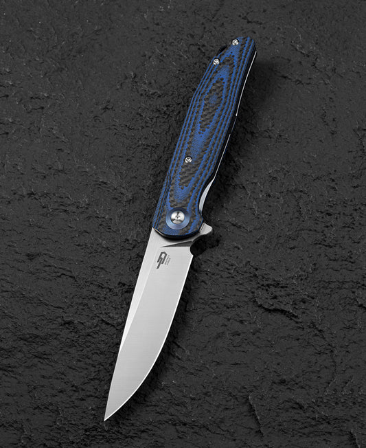 Bestech ASCOT BG19C front view – 3.82 inch D2 satin blade, carbon fiber and blue G10 interlayer handle