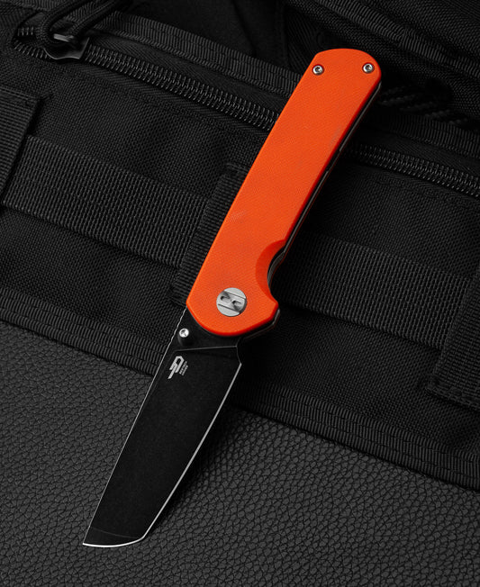 Bestech SLEDGEHAMMER BG31A-2 front view – 3 inch D2 black stonewash blade, orange G10 handle