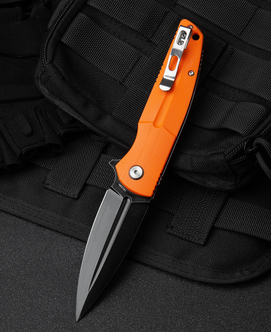 Bestech FIN BG34B-3 closed view – 4.72 inch closed length, orange G10 handle, steel clip
