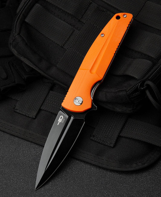 Bestech FIN BG34B-3 front view – 3.67 inch 14C28N black stonewash blade, orange G10 handle