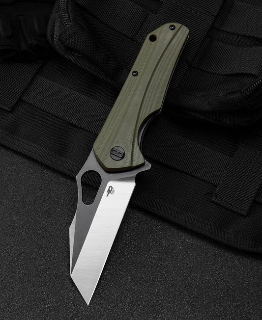 Bestech OPERATOR BG36C front view – 3.47 inch D2 satin+black stonewash blade, green G10 handle