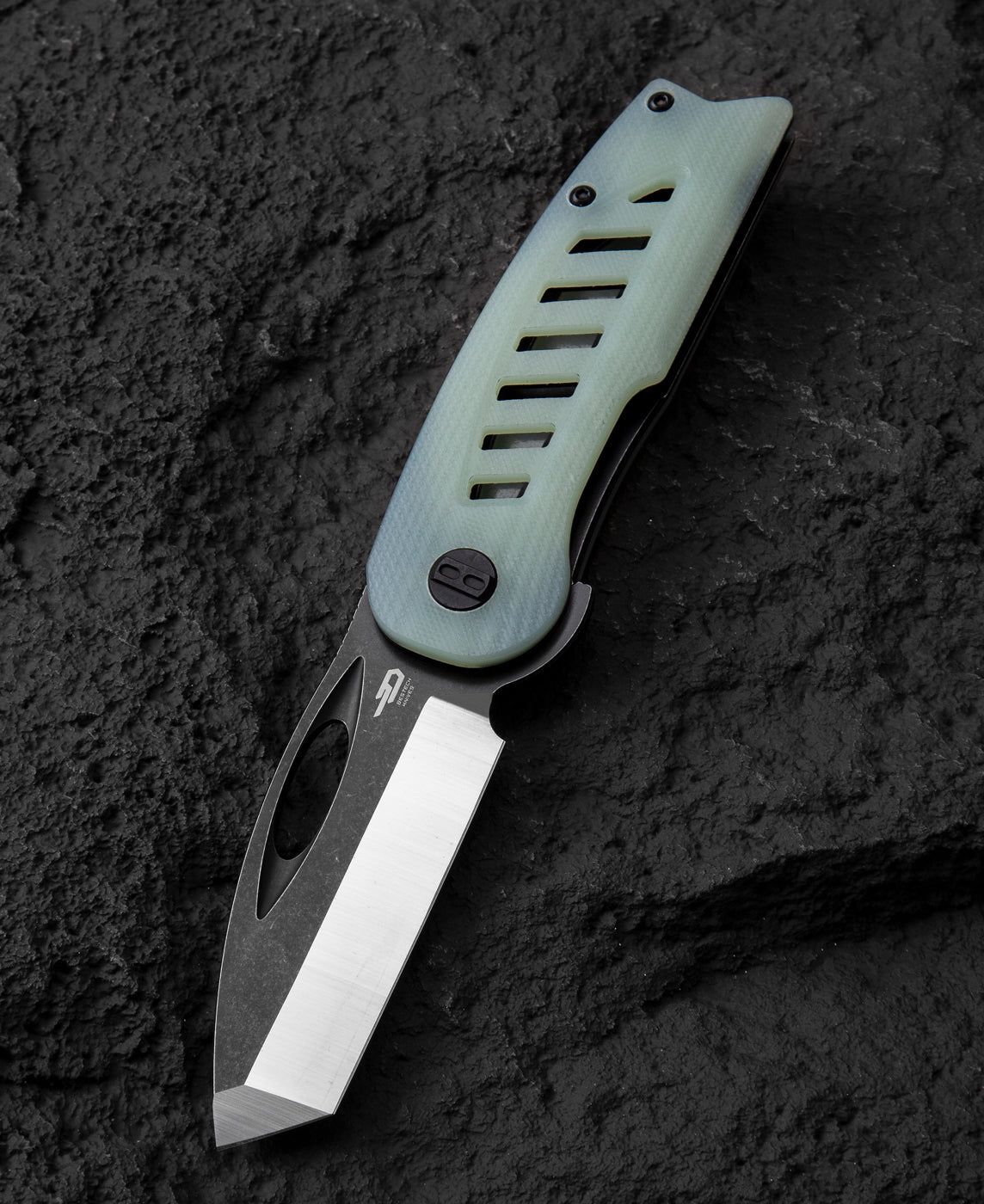 Bestech EXPLORER BG37C front view – D2 satin+black stonewash blade, transparent G10 handle