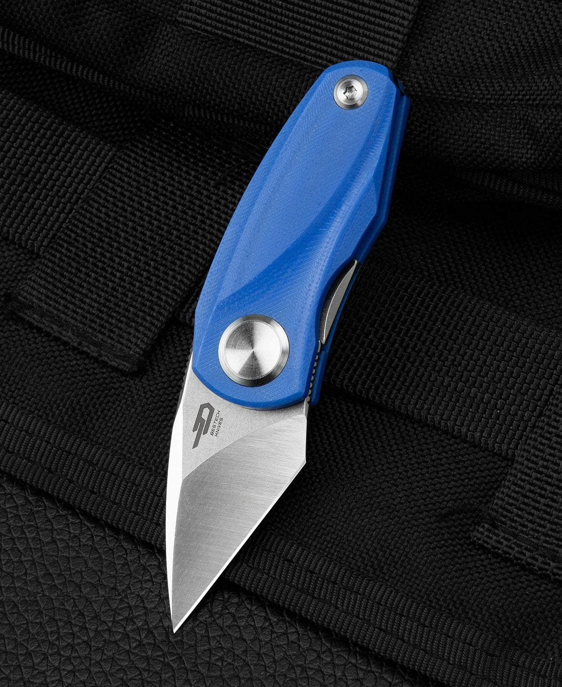 Bestech TULIP BG38D front view – 1.34″ 14C28N satin+stonewash blade, blue G10 handle