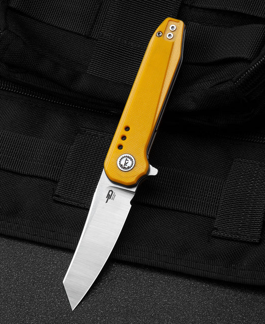 Bestech SYNTAX BG40B front view – 2.84″ 14C28N stonewash+satin blade, yellow G10 handle