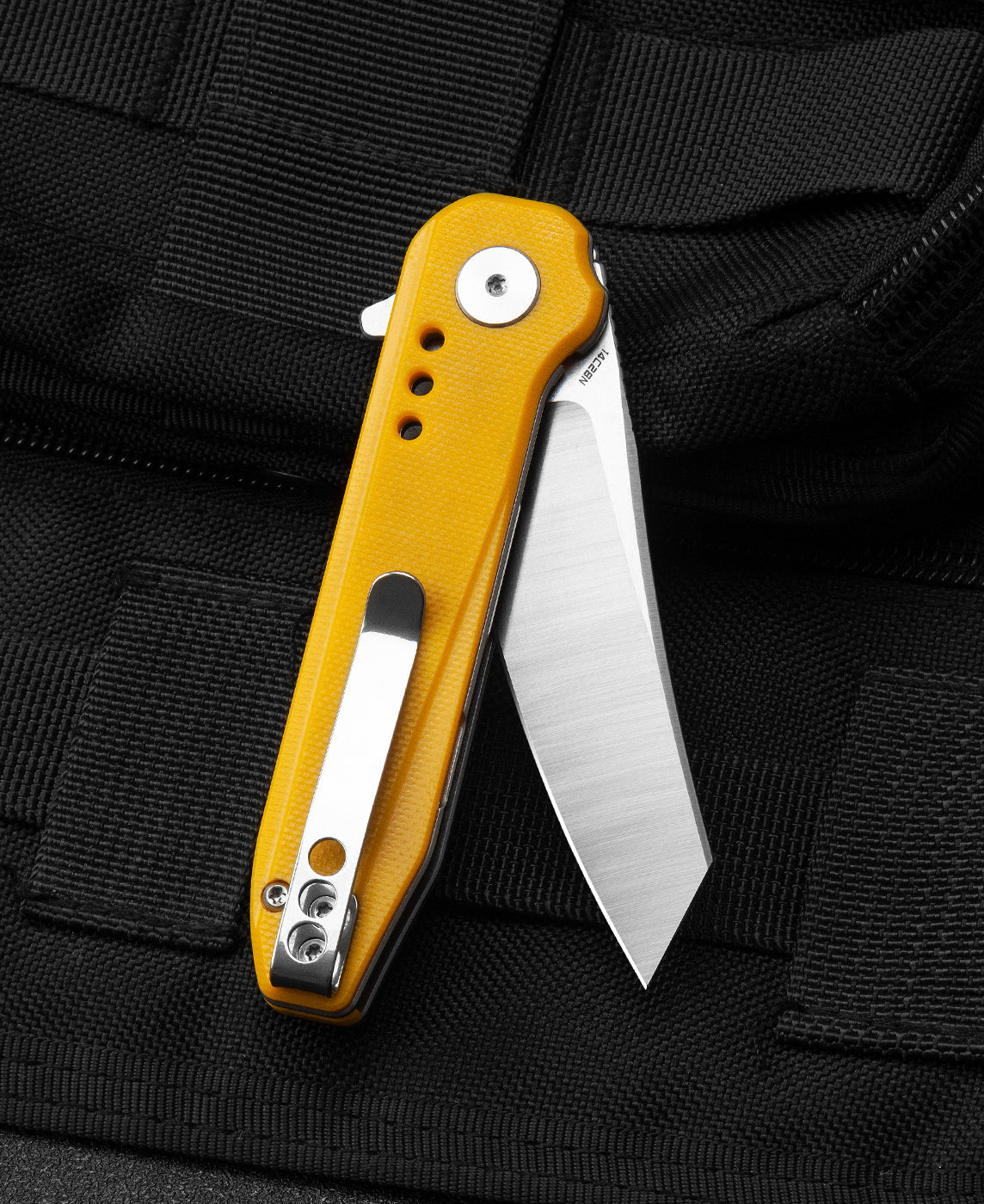 Bestech SYNTAX BG40B side view – 14C28N blade, yellow G10 handle, Liner Lock