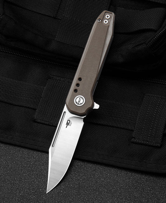 Bestech SYNTAX BG41B front view – 2.84″ 154CM stonewash+satin blade, beige G10 handle
