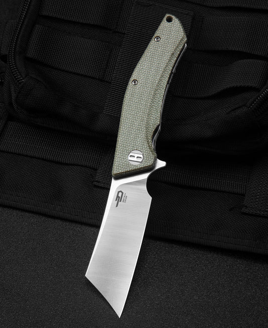 Bestech CUBIS BG42B front view – 3.15″ D2 stonewash+satin blade, beige Micarta handle