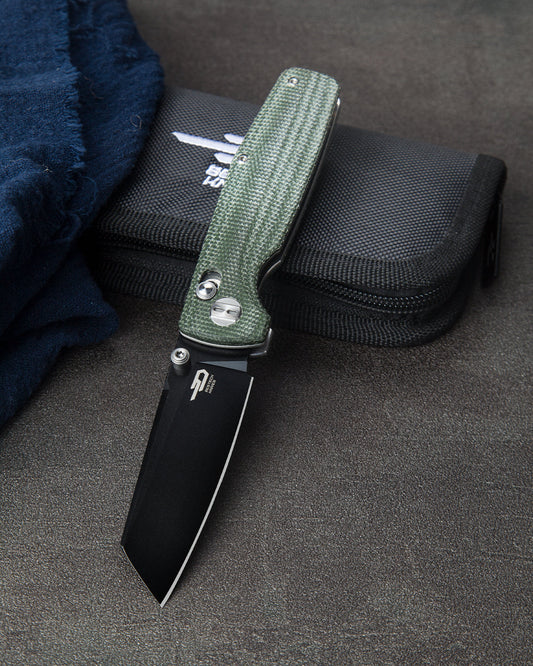 Bestech SLASHER BG43B-2 front view – 3.07" D2 black stonewash blade, green Micarta handle, bar lock