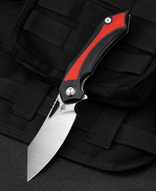 Bestech KASTA BG45C front view – 3.47" 154CM stonewash+satin blade, black & red G10 handle, liner lock