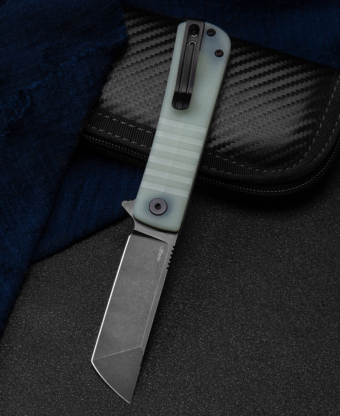 Bestech TITAN BG49A-4 closed view – 3.84" closed length, jade G10 handle with titanium clip