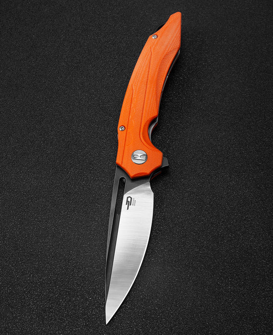 Bestech ORNETTA BG50C front view – 3.54" D2 black PVD+satin blade, orange G10 handle, liner lock
