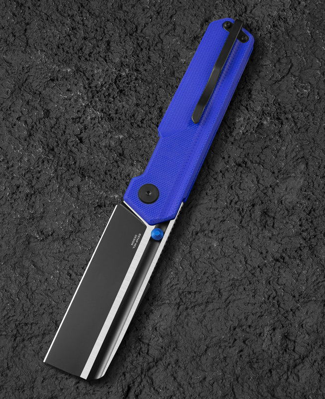 Bestech TARDIS BG54G closed view – 4.53" closed length, blue G10 handle with pocket clip