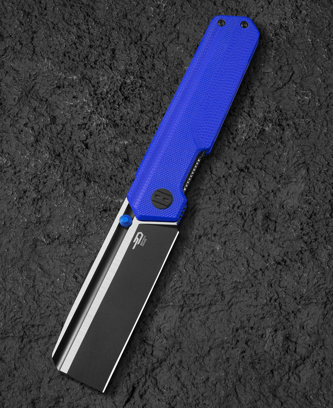 Bestech TARDIS BG54G front view – 3.15" D2 black PVD+satin blade, blue G10 handle, liner lock