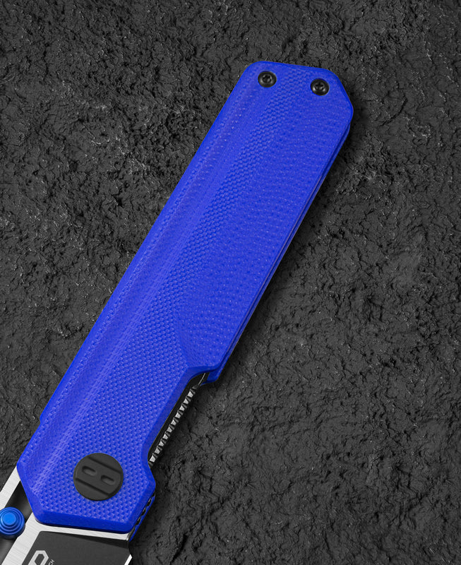 Bestech TARDIS BG54G handle detail – blue G10 texture and ergonomic contouring