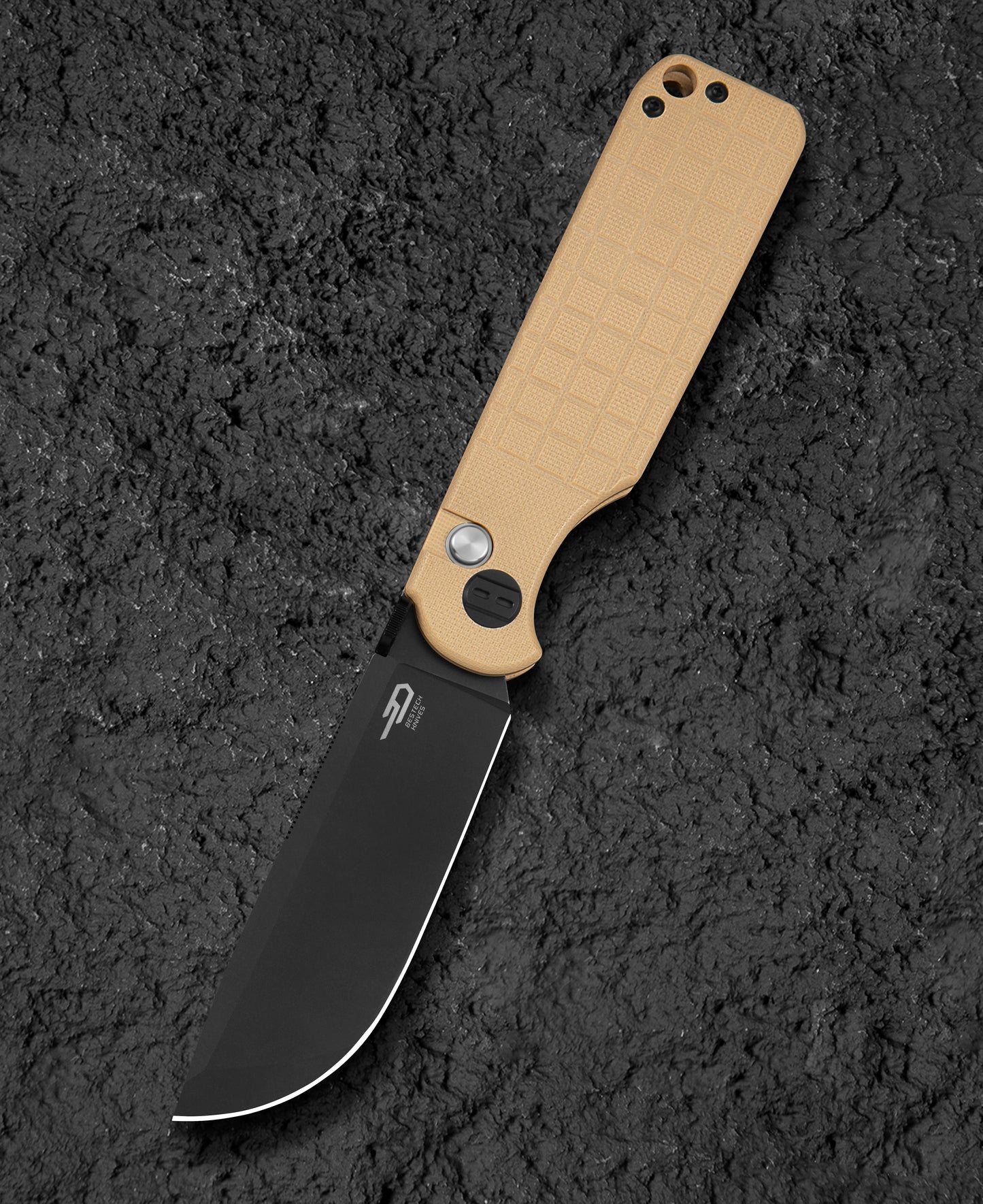 Bestech Glok BG55C front view – 3.54" 14C28N Satin, Khaki G10, Button Lock