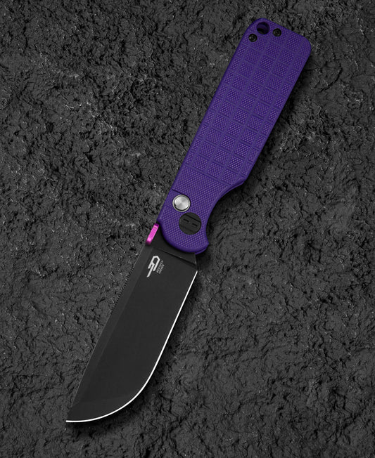 Bestech Glok BG55D front view – 3.54" 14C28N Satin, Purple G10, Button Lock