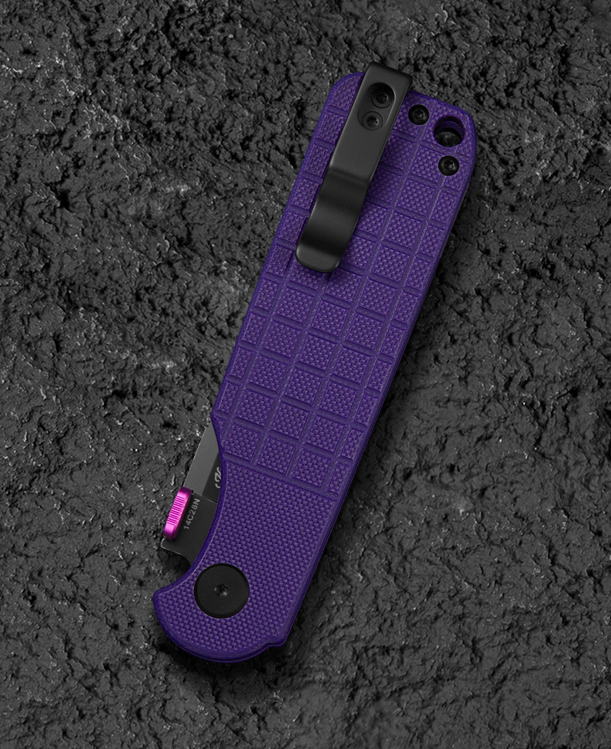 Bestech Glok BG55D Purple G10 scales – handle texture and color detail