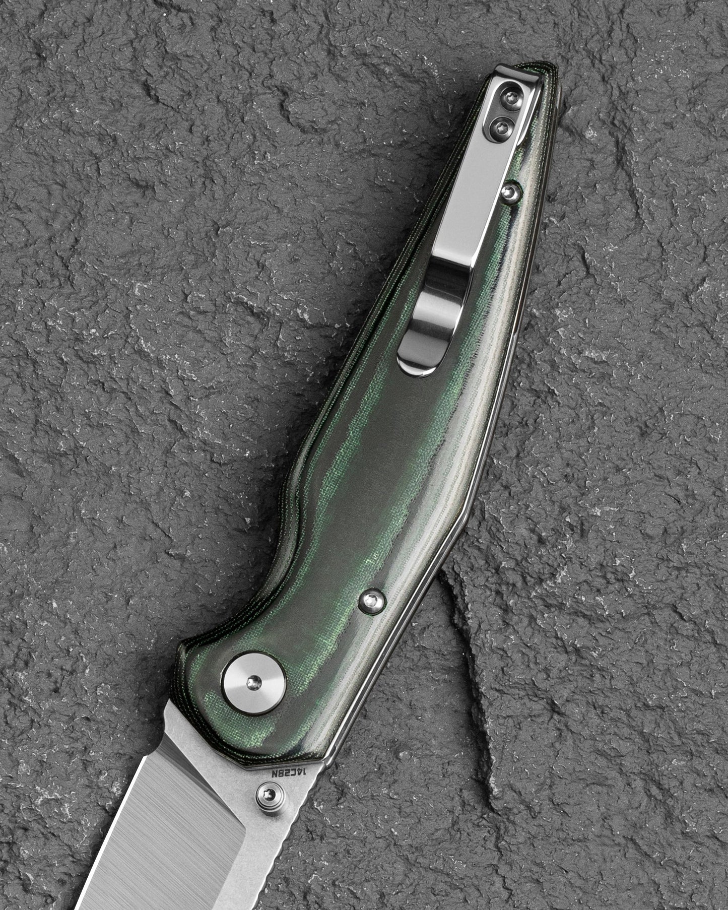 Bestech Snakebird BG58A closed view – Green Micarta handle, Button Lock folding knife