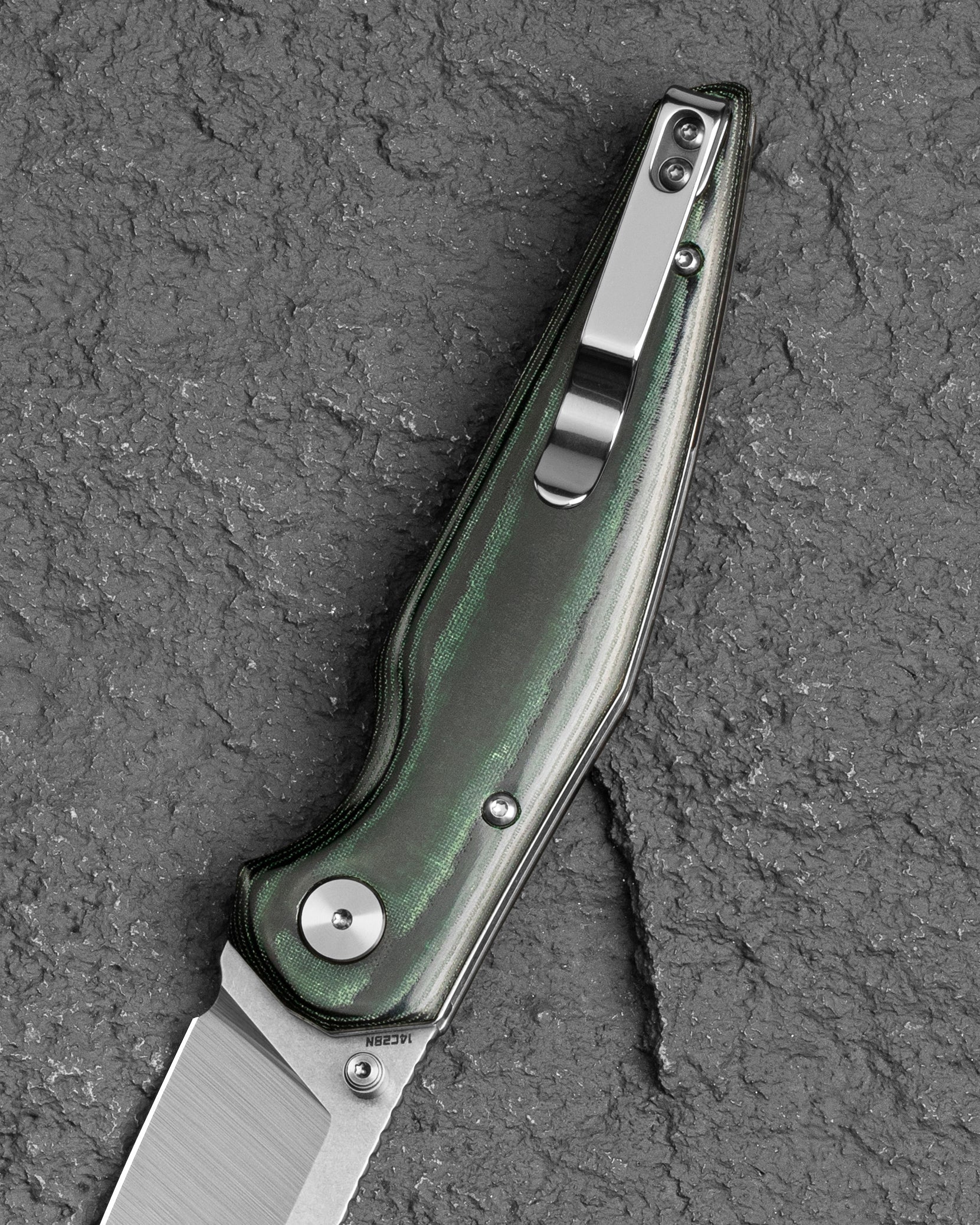 Bestech Snakebird BG58A closed view – Green Micarta handle, Button Lock folding knife