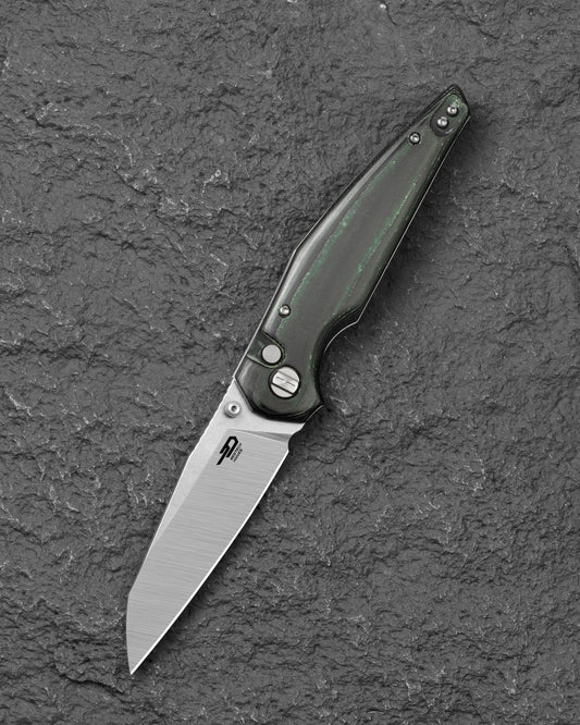 Bestech Snakebird BG58A front view – 3.54" 14C28N Satin, Green Micarta, Button Lock