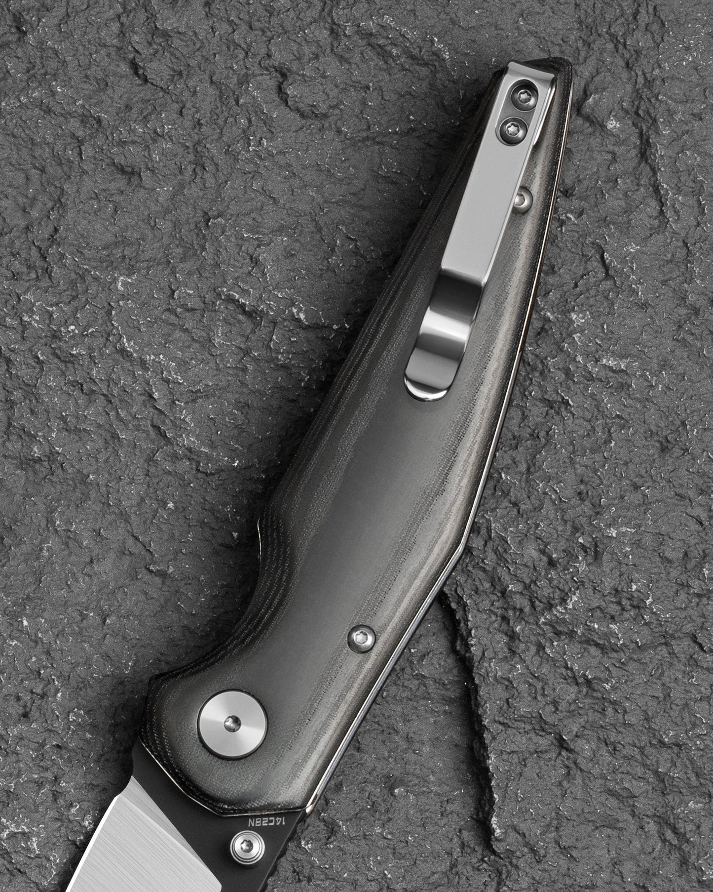 Bestech Snakebird BG58B blade detail – 14C28N Satin sheepsfoot edge